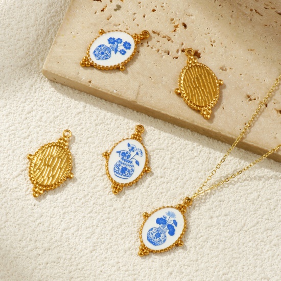 Immagine di 2 Pz Placcatura Sottovuoto PVD Ecologica 304 Acciaio Inossidabile Ciondoli Pendenti 18K Vero Oro Placcato Blu Ovale Fiore Stampato 3.2cm x 2.1cm