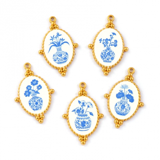 Immagine di 2 Pz Placcatura Sottovuoto PVD Ecologica 304 Acciaio Inossidabile Ciondoli Pendenti 18K Vero Oro Placcato Blu Ovale Fiore Stampato 3.2cm x 2.1cm