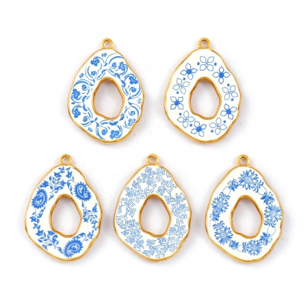 Immagine di 2 Pz Placcatura Sottovuoto PVD Ecologica 304 Acciaio Inossidabile Ciondoli Pendenti 18K Vero Oro Placcato Blu Goccia Fiore Stampato 3.5cm x 2.5cm