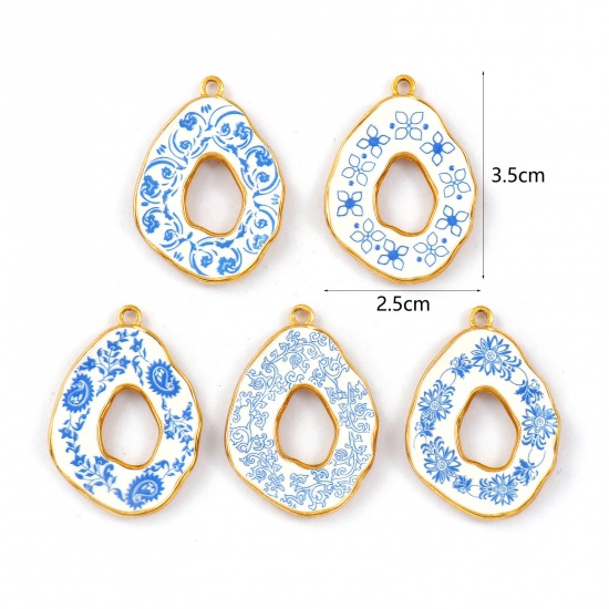Immagine di 2 Pz Placcatura Sottovuoto PVD Ecologica 304 Acciaio Inossidabile Ciondoli Pendenti 18K Vero Oro Placcato Blu Goccia Fiore Stampato 3.5cm x 2.5cm