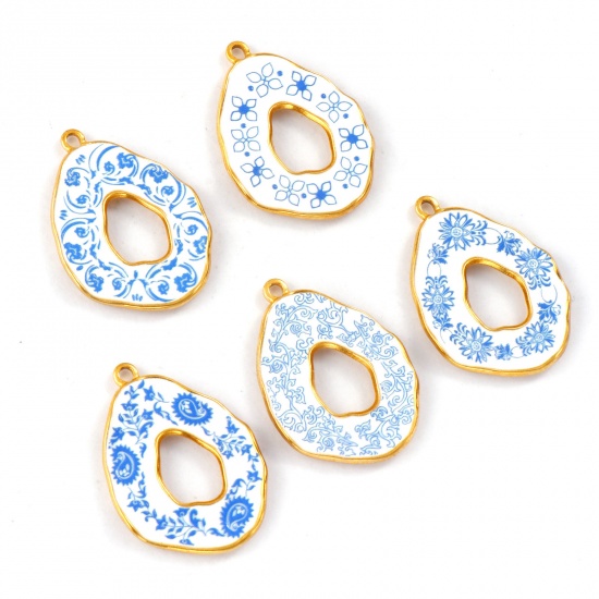 Immagine di 2 Pz Placcatura Sottovuoto PVD Ecologica 304 Acciaio Inossidabile Ciondoli Pendenti 18K Vero Oro Placcato Blu Goccia Fiore Stampato 3.5cm x 2.5cm