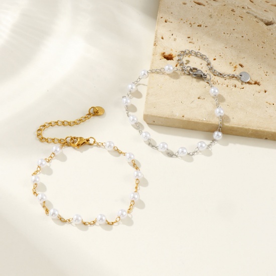 Picture of 1 Piece Eco-friendly Dainty Exquisite Multicolor White 304 Stainless Steel & Acrylic Beaded Chain Bracelets For Women Gift 18cm(7.1") long