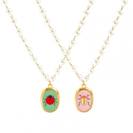 Picture of Wholesale Oval Multicolor Printed Pendant Charm Necklace, 18K Real Gold Plated 304 Stainless Steel & Acrylic Beaded Chain, Women's Eco-friendly PVD Vacuum Plating Insect Natural Pastoral Gift Jewelry For Retailer, 45cm(17.7") long, 1 Piece