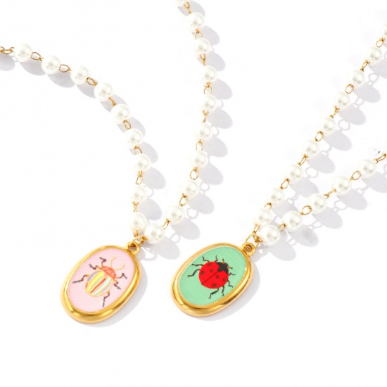 Изображение 18K настоящее золото с покрытием Цепочка из бисера Овальные Ожерелье с подвеской, 304 Нержавеющая Сталь & Акрил 45см, Для женщин, Разноцветный Напечатано, Насекомое Натуральная пастырская подарок, Экологичное вакуумное PVD-покрытие, 1 ШТ