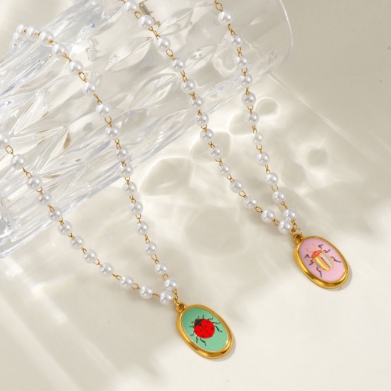 Изображение 18K настоящее золото с покрытием Цепочка из бисера Овальные Ожерелье с подвеской, 304 Нержавеющая Сталь & Акрил 45см, Для женщин, Разноцветный Напечатано, Насекомое Натуральная пастырская подарок, Экологичное вакуумное PVD-покрытие, 1 ШТ