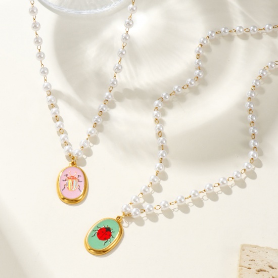 Изображение 18K настоящее золото с покрытием Цепочка из бисера Овальные Ожерелье с подвеской, 304 Нержавеющая Сталь & Акрил 45см, Для женщин, Разноцветный Напечатано, Насекомое Натуральная пастырская подарок, Экологичное вакуумное PVD-покрытие, 1 ШТ