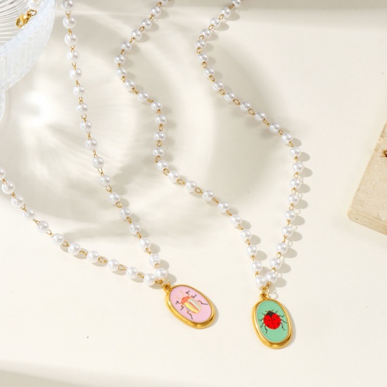 Изображение 18K настоящее золото с покрытием Цепочка из бисера Овальные Ожерелье с подвеской, 304 Нержавеющая Сталь & Акрил 45см, Для женщин, Разноцветный Напечатано, Насекомое Натуральная пастырская подарок, Экологичное вакуумное PVD-покрытие, 1 ШТ