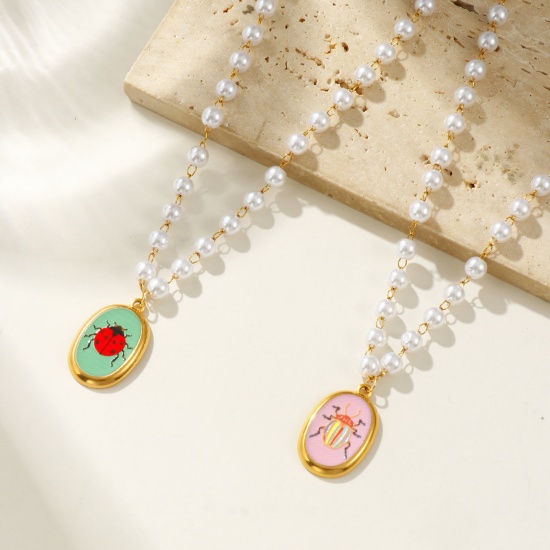 Изображение 18K настоящее золото с покрытием Цепочка из бисера Овальные Ожерелье с подвеской, 304 Нержавеющая Сталь & Акрил 45см, Для женщин, Разноцветный Напечатано, Насекомое Натуральная пастырская подарок, Экологичное вакуумное PVD-покрытие, 1 ШТ