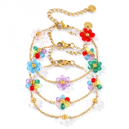 Picture of Eco-friendly PVD Vacuum Plating Sweet & Cute Exquisite 18K Real Gold Plated Multicolor 304 Stainless Steel Link Cable Chain Flower Beaded Bracelets For Women Gift 15cm(5.9") long