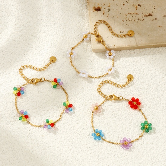 Picture of Eco-friendly PVD Vacuum Plating Sweet & Cute Exquisite 18K Real Gold Plated Multicolor 304 Stainless Steel Link Cable Chain Flower Beaded Bracelets For Women Gift 15cm(5.9") long