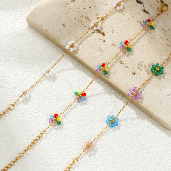 Picture of Eco-friendly PVD Vacuum Plating Sweet & Cute Exquisite 18K Real Gold Plated Multicolor 304 Stainless Steel Link Cable Chain Flower Beaded Bracelets For Women Gift 15cm(5.9") long