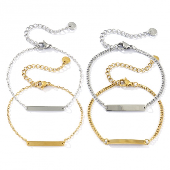 Imagen de 1 Unidad Respetuoso del Medio Ambiente 304 Acero Inoxidable Sencillo Puede Tallar Llana Pulseras Rectángulo Multicolor Pulido de Una Cara 15cm longitud