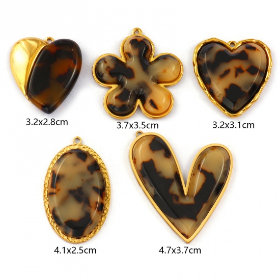 Immagine di 1 Pz Placcatura Sottovuoto PVD Ecologica 304 Acciaio Inossidabile & Resina Ciondoli Pendenti 18K Vero Oro Placcato Colore del Caffè Leopardo