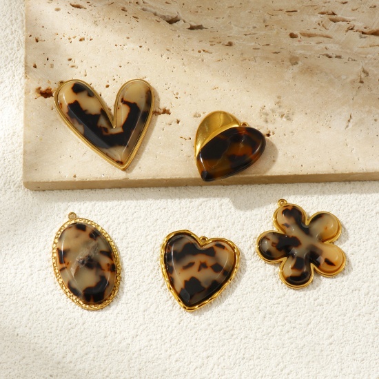 Immagine di 1 Pz Placcatura Sottovuoto PVD Ecologica 304 Acciaio Inossidabile & Resina Ciondoli Pendenti 18K Vero Oro Placcato Colore del Caffè Leopardo