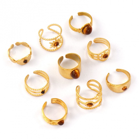 Immagine di 1 Piece Eco-friendly PVD Vacuum Plating Stylish Retro 18K Real Gold Plated Brown 304 Stainless Steel & Gemstone Open Adjustable Rings For Women Gift