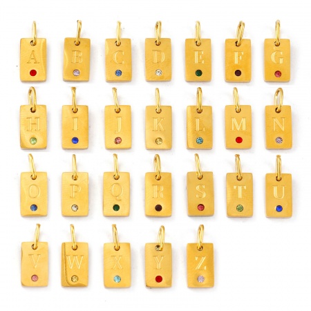 Immagine di 2 Pz Placcatura Sottovuoto PVD Ecologica 304 Acciaio Inossidabile Lettera Maiuscola Ciondoli 18K Vero Oro Placcato Rettangolo Messaggio " A-Z " Mini 14mm x 6mm