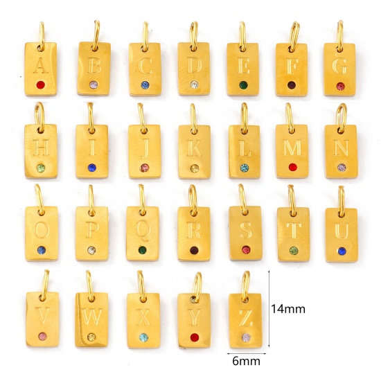 Picture of Eco-friendly PVD Vacuum Plating 304 Stainless Steel Capital Alphabet Initial Letter Name Charms 18K Real Gold Plated Rectangle Message " A-Z " Mini 14mm x 6mm