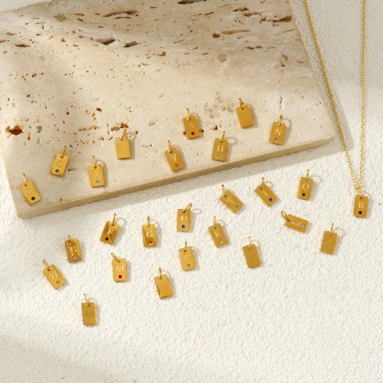 Picture of Eco-friendly PVD Vacuum Plating 304 Stainless Steel Capital Alphabet Initial Letter Name Charms 18K Real Gold Plated Rectangle Message " A-Z " Mini 14mm x 6mm