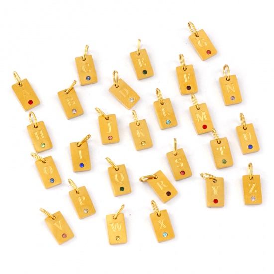 Picture of Eco-friendly PVD Vacuum Plating 304 Stainless Steel Capital Alphabet Initial Letter Name Charms 18K Real Gold Plated Rectangle Message " A-Z " Mini 14mm x 6mm