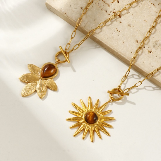 Изображение 18K настоящее золото с покрытием Цепочка зажимов Ожерелье с подвеской, 304 Нержавеющая Сталь & Полудрагоценный Камень 45см, Для женщин, Коричневый Стильный Сладкий & милый подарок, Экологичное вакуумное PVD-покрытие, 1 ШТ