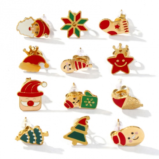 Bild von Umweltfreundliche PVD-Vakuumbeschichtung Süß Weihnachten 18K Echtgold plattiert 304 Edelstahl Mit Stöpsel Ohrring Ohrstecker Für Frauen Geschenk Pfosten-/Drahtstärke: 0.7mm(21 Gauge)