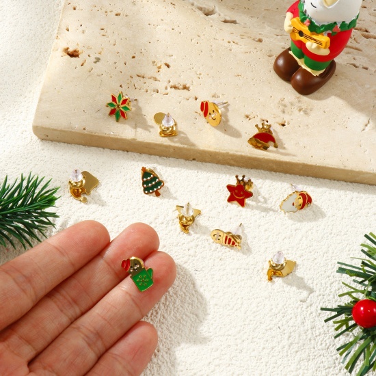 Bild von Umweltfreundliche PVD-Vakuumbeschichtung Süß Weihnachten 18K Echtgold plattiert 304 Edelstahl Mit Stöpsel Ohrring Ohrstecker Für Frauen Geschenk Pfosten-/Drahtstärke: 0.7mm(21 Gauge)