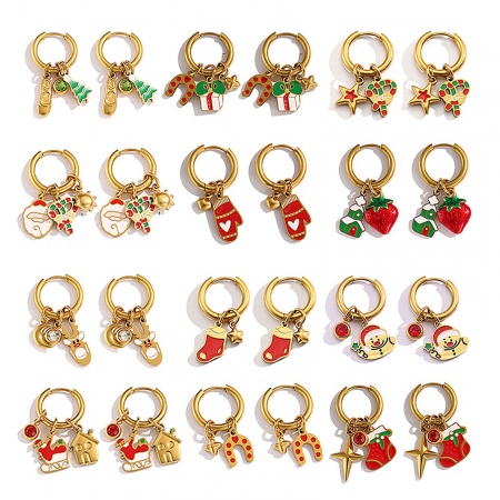 1 Pair Vacuum Plating Stylish Christmas 18K Real Gold Plated Multicolor 304 Stainless Steel Enamel Hoop Earrings For Women Gift 12mm Dia.