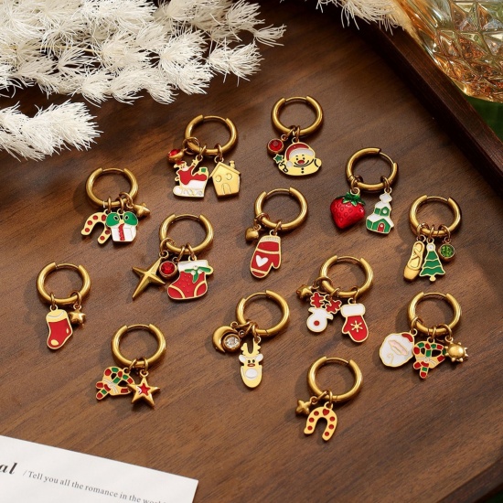 Immagine di 1 Pair Vacuum Plating Stylish Christmas 18K Real Gold Plated Multicolor 304 Stainless Steel Enamel Hoop Earrings For Women Gift 12mm Dia.