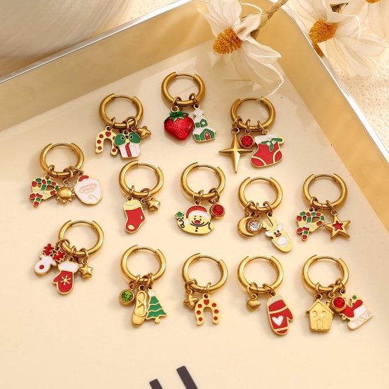 Immagine di 1 Pair Vacuum Plating Stylish Christmas 18K Real Gold Plated Multicolor 304 Stainless Steel Enamel Hoop Earrings For Women Gift 12mm Dia.
