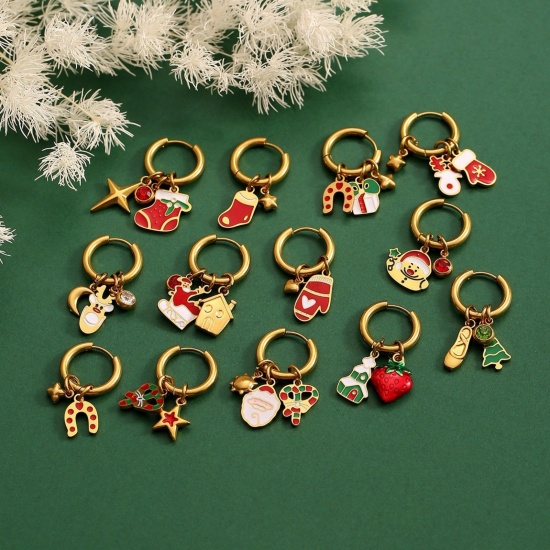 Immagine di 1 Pair Vacuum Plating Stylish Christmas 18K Real Gold Plated Multicolor 304 Stainless Steel Enamel Hoop Earrings For Women Gift 12mm Dia.