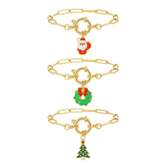 Изображение 1 Piece Eco-friendly Stylish Exquisite 18K Gold Plated 201 Stainless Steel Link Cable Chain Christmas Enamel Charm Bracelets For Women Gift 18cm(7.1") long