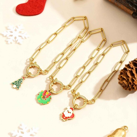 Изображение 1 Piece Eco-friendly Stylish Exquisite 18K Gold Plated 201 Stainless Steel Link Cable Chain Christmas Enamel Charm Bracelets For Women Gift 18cm(7.1") long