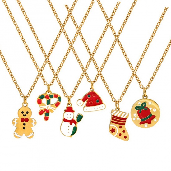 18K Real Gold Plated Pendant Charm Necklace, 304 Stainless Steel 39cm(15.4") + 5cm(2"), For Women, Enamel Christmas Stylish Gift, Vacuum Plating, 1 Piece の画像