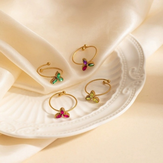 Picture of Wholesale Women's Gift Leaf Clover Shamrock Multicolor Open Adjustable Rings, 18K Gold Plated 201 Stainless Steel, Eco-friendly Exquisite Stylish Jewelry Supply, 19.3mm(US Size 9.5)