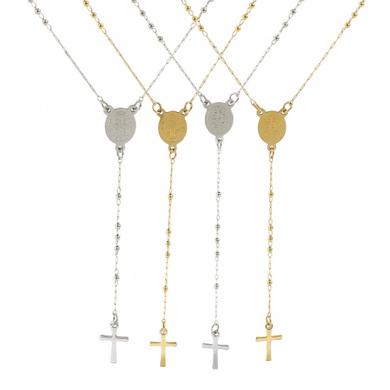 Picture of Multicolor Beaded Chain Cross Prayer Beads Rosary Necklace, 304 Stainless Steel 53cm(20.9"), For Women, Religious Retro Gift, Eco-friendly