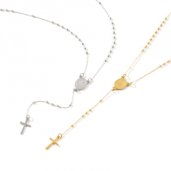 Picture of Multicolor Beaded Chain Cross Prayer Beads Rosary Necklace, 304 Stainless Steel 53cm(20.9"), For Women, Religious Retro Gift, Eco-friendly
