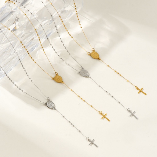 Picture of Multicolor Beaded Chain Cross Prayer Beads Rosary Necklace, 304 Stainless Steel 53cm(20.9"), For Women, Religious Retro Gift, Eco-friendly