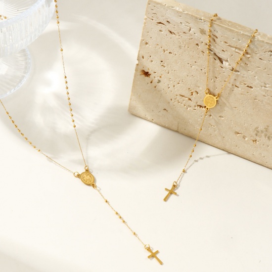 Picture of Multicolor Beaded Chain Cross Prayer Beads Rosary Necklace, 304 Stainless Steel 53cm(20.9"), For Women, Religious Retro Gift, Eco-friendly