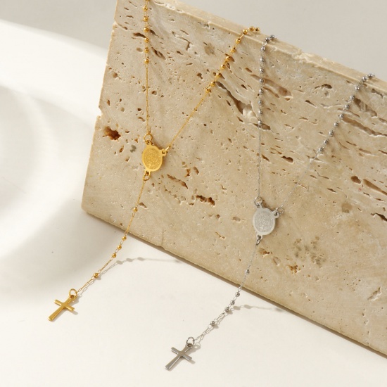 Picture of Multicolor Beaded Chain Cross Prayer Beads Rosary Necklace, 304 Stainless Steel 53cm(20.9"), For Women, Religious Retro Gift, Eco-friendly