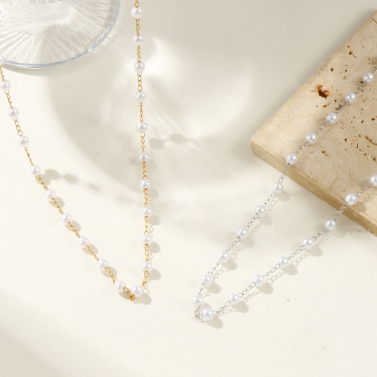 Picture of Multicolor Beaded Chain Necklace, 304 Stainless Steel & Acrylic 42cm(16.5") + 5cm(2"), For Women, White Simple & Casual Exquisite Gift, Eco-friendly