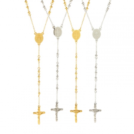 Bunt Perlenkette Kreuz Gebetsperlen Rosenkranz Halskette, 304 Edelstahl 66cm, Für Frauen, Religiös Retro Geschenk, Umweltfreundlich