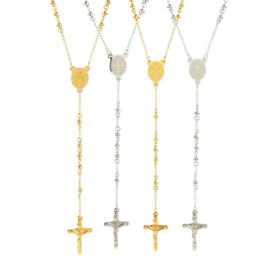 Picture of Multicolor Beaded Chain Cross Prayer Beads Rosary Necklace, 304 Stainless Steel 66cm(26"), For Women, Religious Retro Gift, Eco-friendly