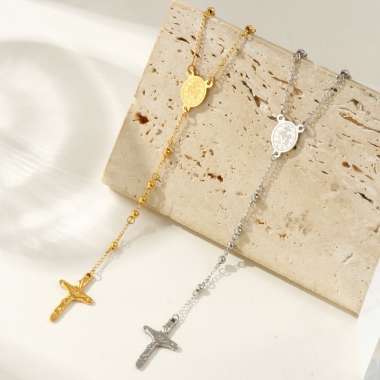Picture of Multicolor Beaded Chain Cross Prayer Beads Rosary Necklace, 304 Stainless Steel 66cm(26"), For Women, Religious Retro Gift, Eco-friendly