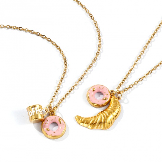 Immagine di 18K Real Gold Plated Link Cable Chain Pendant Charm Necklace, 304 Stainless Steel 45cm(17.7") + 5cm(2"), For Women, Pink Enamel Exquisite Stylish Gift, Eco-friendly PVD Vacuum Plating, 1 Piece