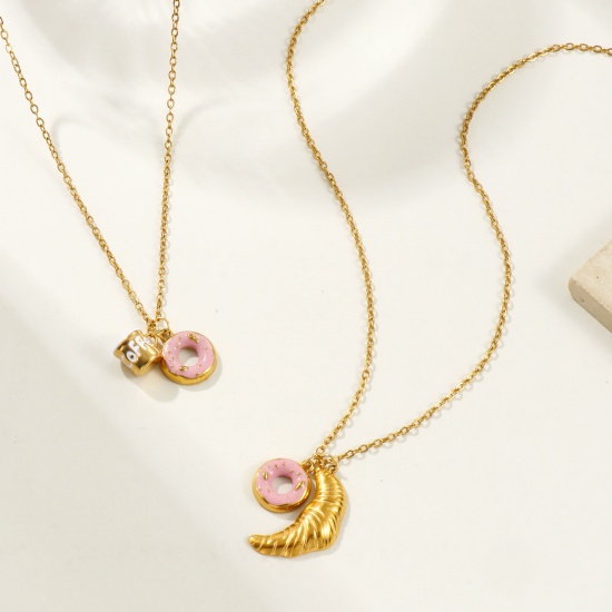 Immagine di 18K Real Gold Plated Link Cable Chain Pendant Charm Necklace, 304 Stainless Steel 45cm(17.7") + 5cm(2"), For Women, Pink Enamel Exquisite Stylish Gift, Eco-friendly PVD Vacuum Plating, 1 Piece