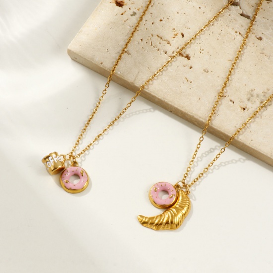 Immagine di 18K Real Gold Plated Link Cable Chain Pendant Charm Necklace, 304 Stainless Steel 45cm(17.7") + 5cm(2"), For Women, Pink Enamel Exquisite Stylish Gift, Eco-friendly PVD Vacuum Plating, 1 Piece