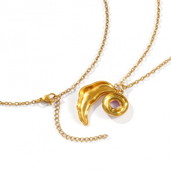 Immagine di 18K Real Gold Plated Link Cable Chain Pendant Charm Necklace, 304 Stainless Steel 45cm(17.7") + 5cm(2"), For Women, Pink Enamel Exquisite Stylish Gift, Eco-friendly PVD Vacuum Plating, 1 Piece