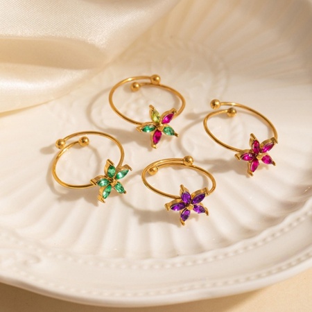 1 Piece Eco-friendly Stylish Exquisite 18K Gold Plated Stainless Steel & Cubic Zirconia Open Adjustable Flower Rings For Women Gift 19.6mm(US Size 9.75)