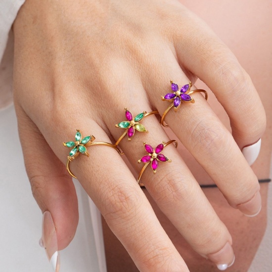 Изображение 1 Piece Eco-friendly Stylish Exquisite 18K Gold Plated Stainless Steel & Cubic Zirconia Open Adjustable Flower Rings For Women Gift 19.6mm(US Size 9.75)