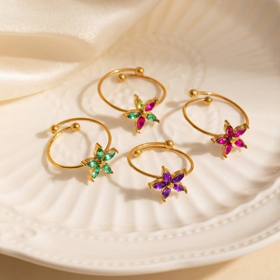 Picture of Wholesale Women's Gift Flower Open Adjustable Rings, 18K Gold Plated Stainless Steel & Cubic Zirconia, Eco-friendly Exquisite Stylish Jewelry Supply, 19.6mm(US Size 9.75)